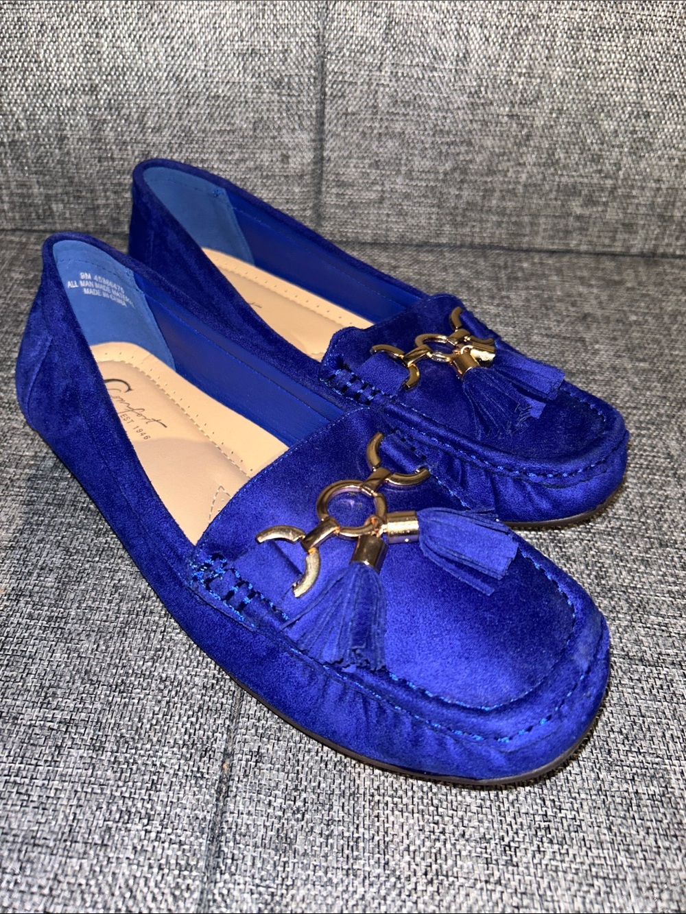 NEW - Royal Blue Suede Tassel Loafers with Gold Detail